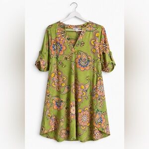 Boho Floral Green Tunic Dress - Women's Casual Top